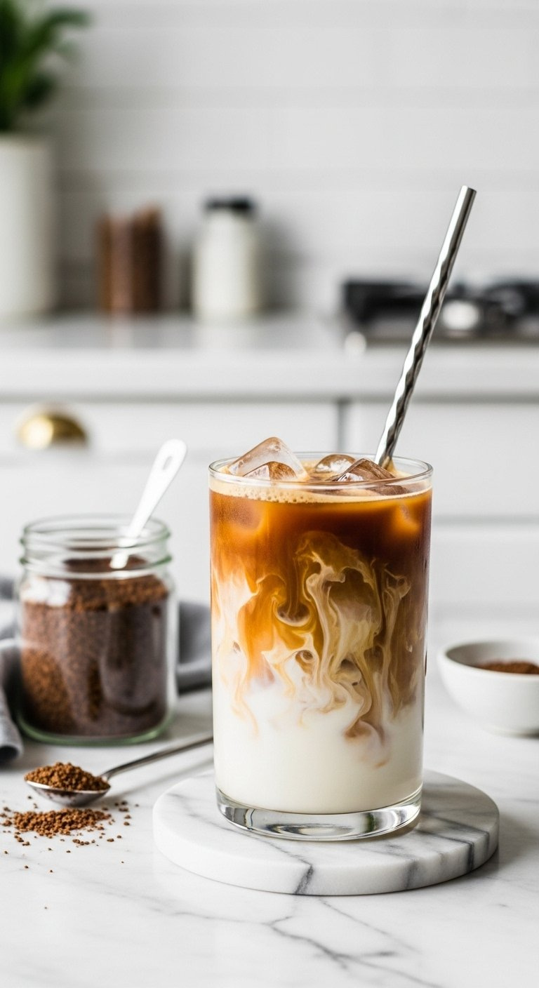 Vibrant Instant Iced Coffee With Marbled Milk And Clear Ice On A Marble Countertop With A Minimalist Background.
