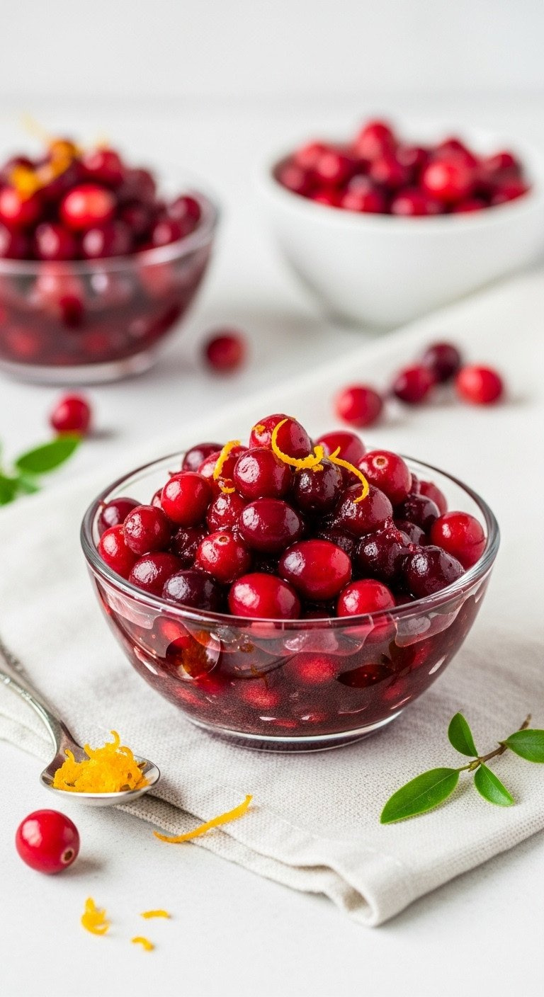 Vibrant, Jewel-Toned Cranberry Sauce In An Elegant Glass Bowl, Showcasing Plump Cranberries And Glossy Syrup. Festive Side.