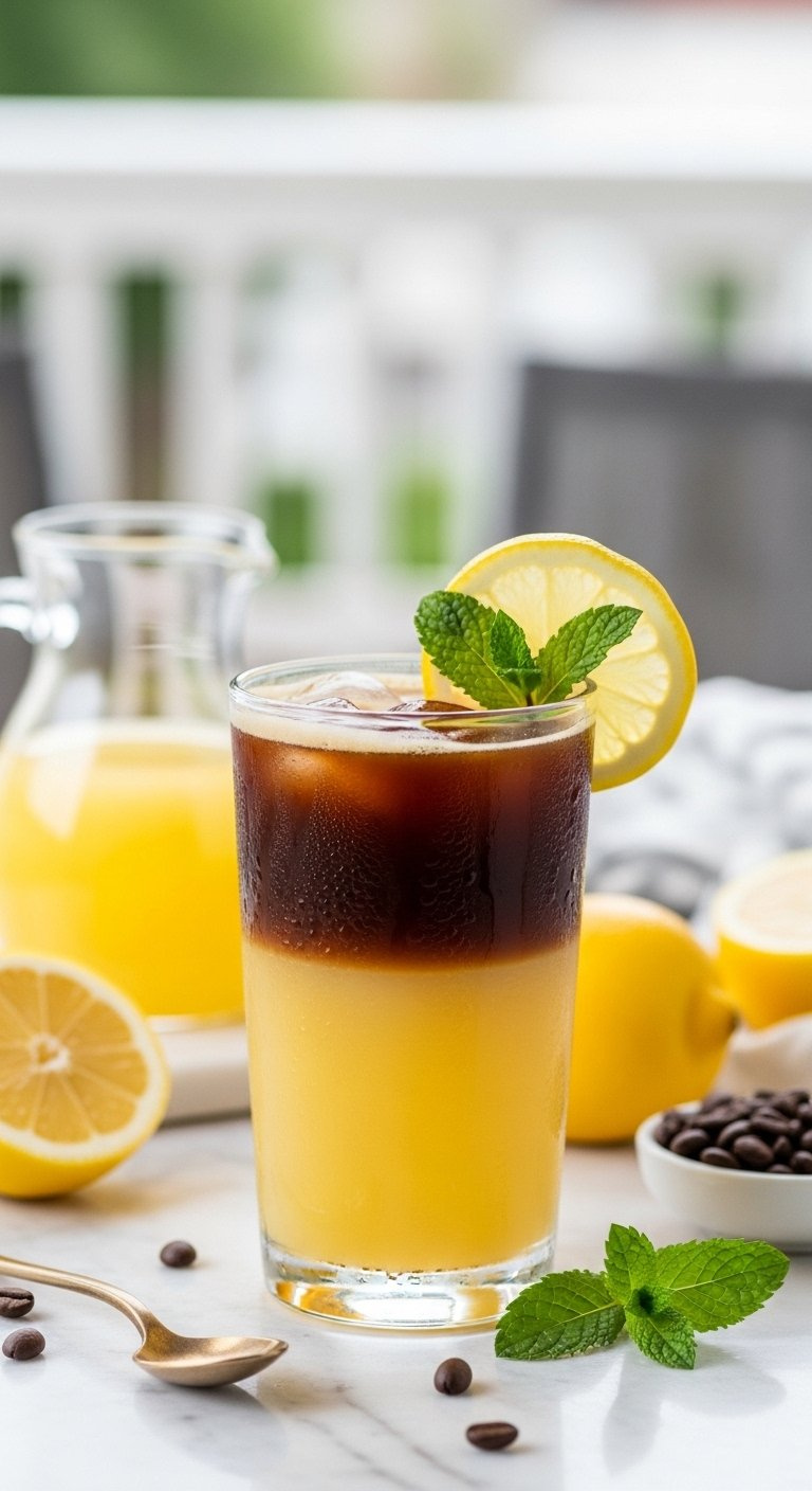 Vibrant Layered Coffee Lemonade In A Tall Glass Garnished With Fresh Lemon Slice And Mint.