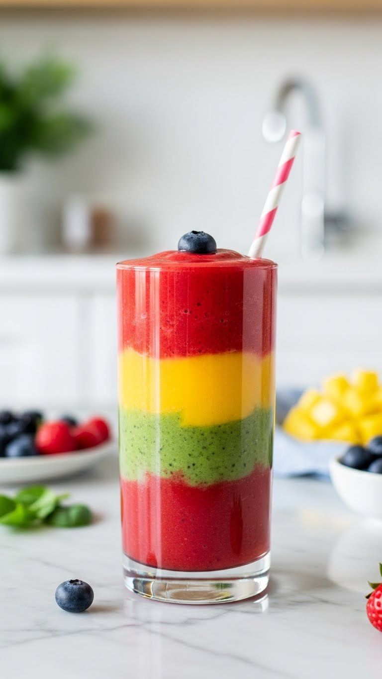 Vibrant Layered Rainbow Fruit Smoothie In Clear Glass With Strawberry, Mango, Spinach Layers And Blueberry Garnish