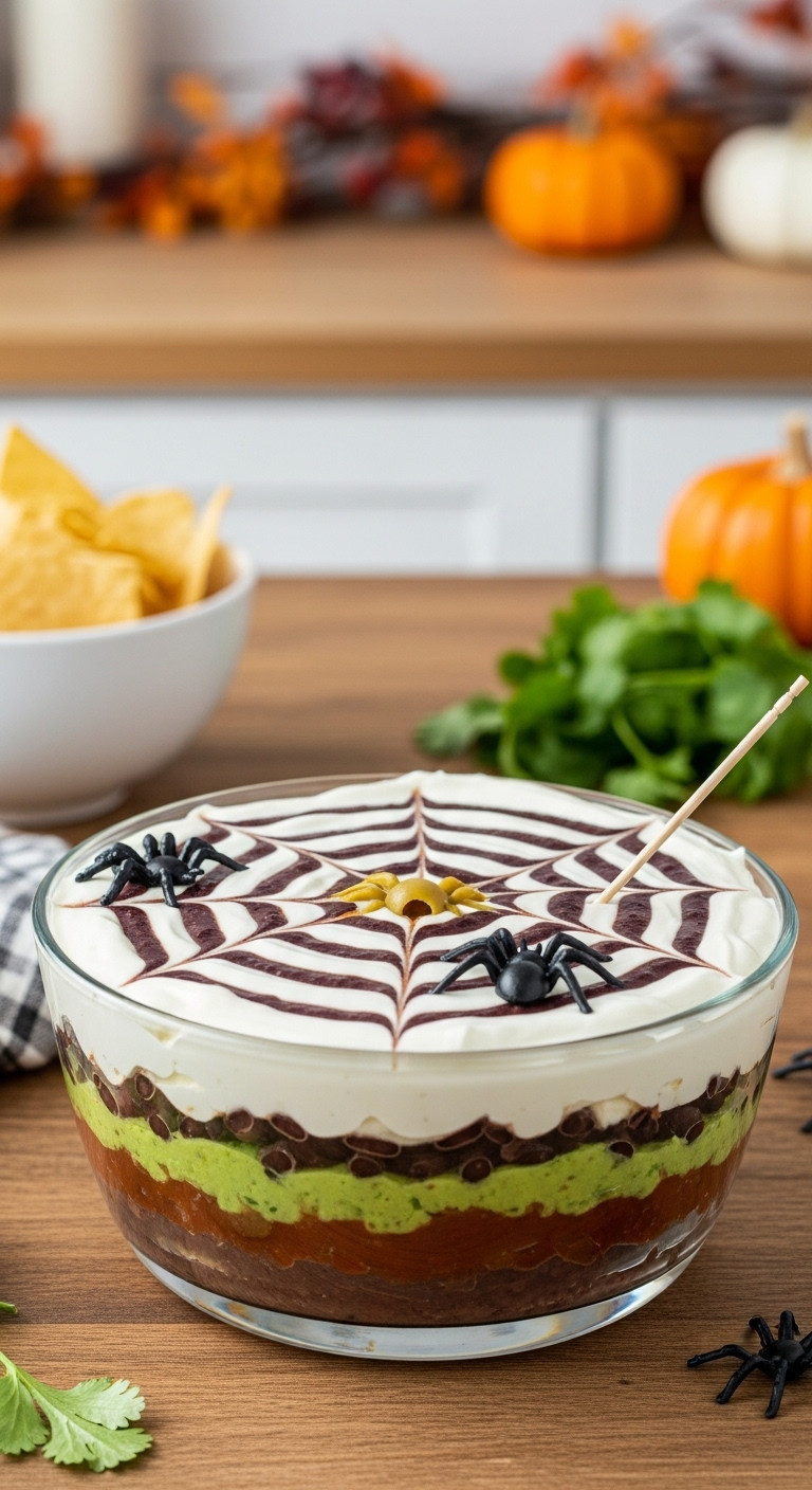 Vibrant Layered Spider Web Dip With Plastic Spiders, Tortilla Chips, And Cilantro On A Rustic Table For A Halloween Party.