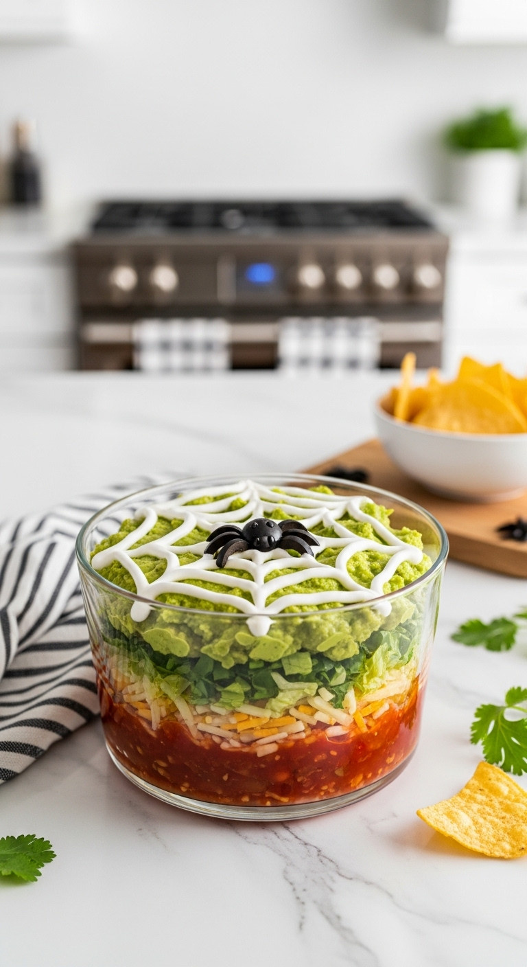 Vibrant Layered Spider Web Taco Dip In Glass With Black Olive Spider, Tortilla Chips On White Marble.