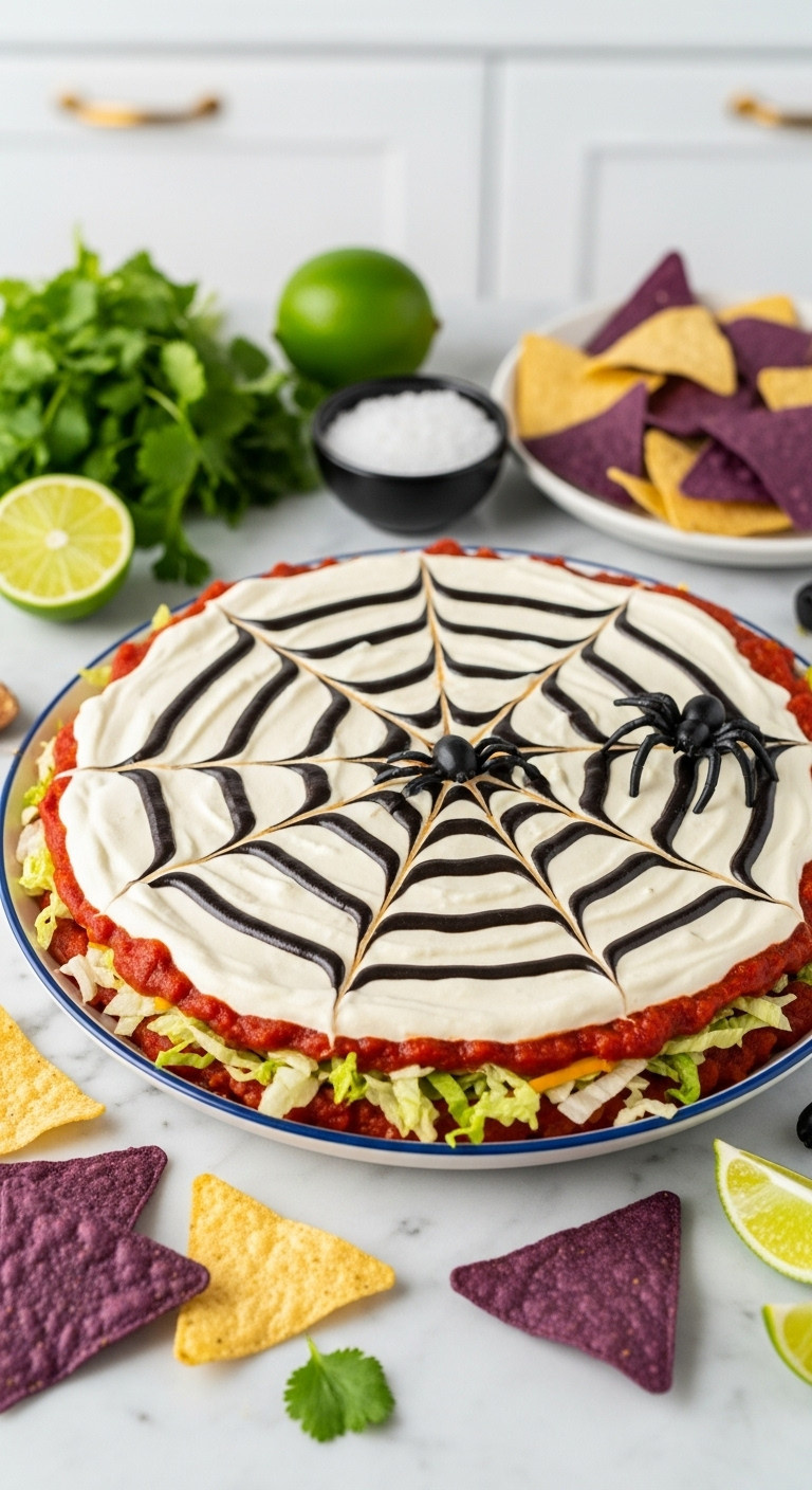 Vibrant Layered Taco Dip With Black Olive Spiderweb Design, A Toy Spider, And Tortilla Chips On Marble Counter, Halloween Appetizer.