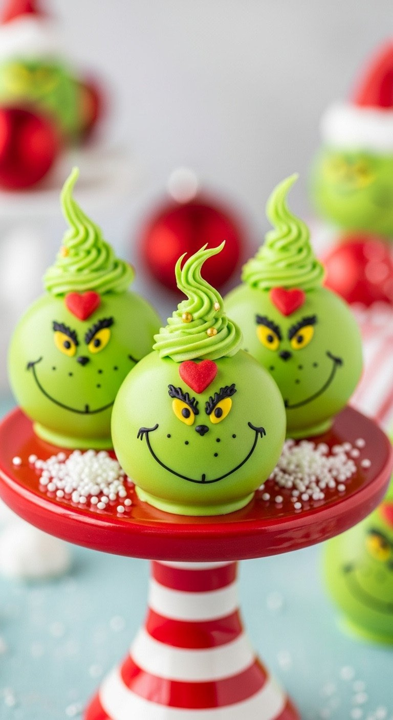 Vibrant Lime Green Grinch-Themed Cake Pops With Red Heart Sprinkles On A Red And White Striped Pedestal.