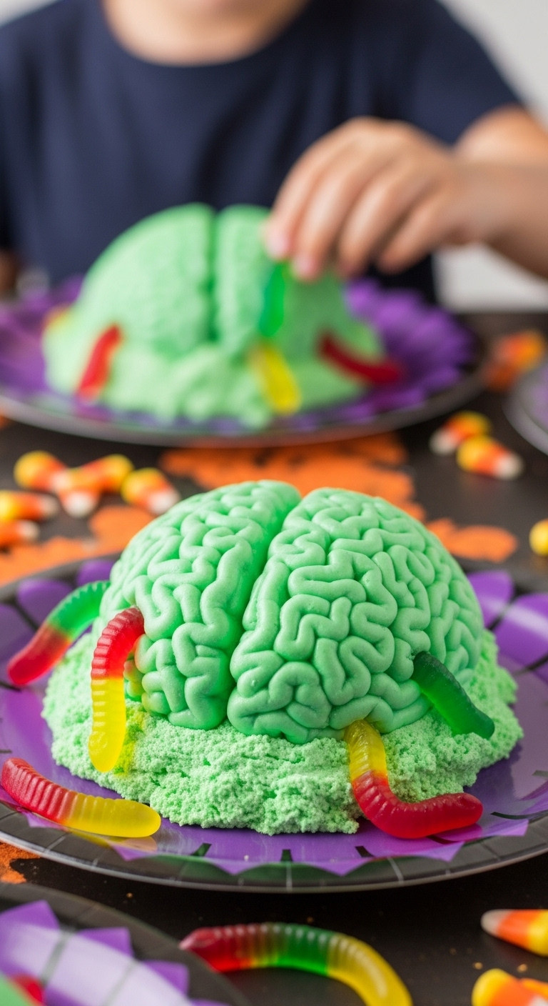 Vibrant Lime Green Jell-O Cool Whip Brain With Gummy Worms On A Purple Halloween-Themed Plate, Child's Hand In Background