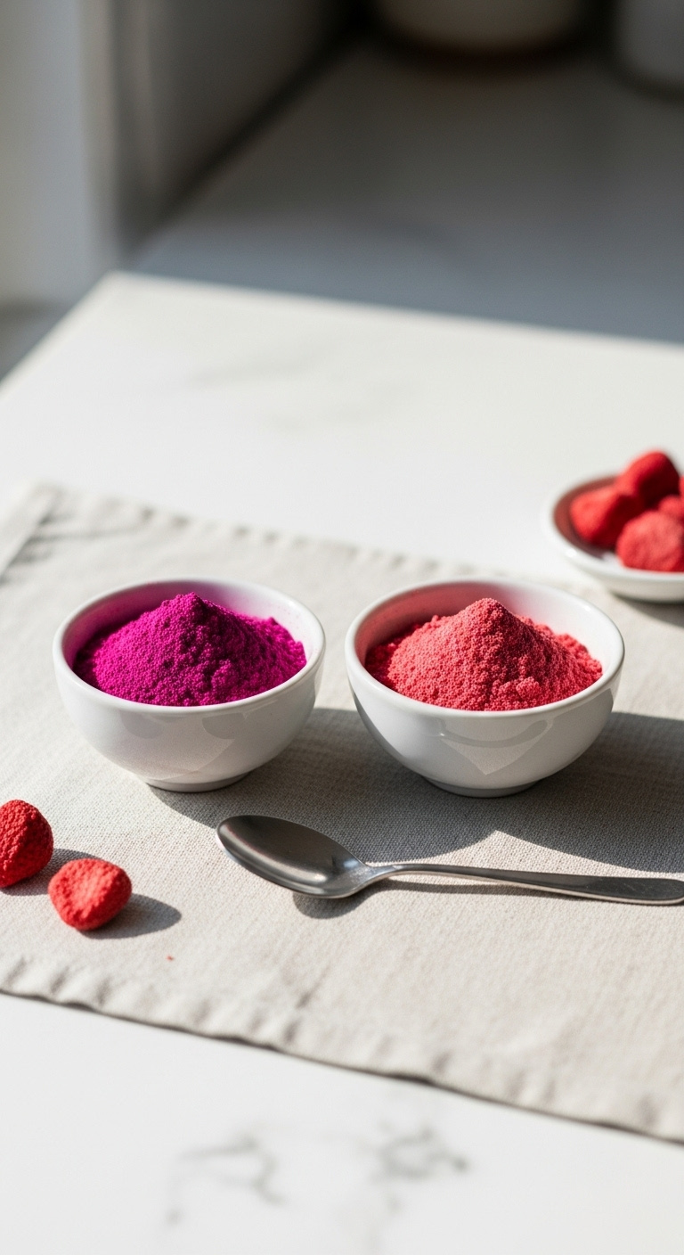 Vibrant Magenta Acai Powder And Bright Pink Freeze Dried Strawberry Powder In Ceramic Bowls With A Spoon For A Refresher Recipe