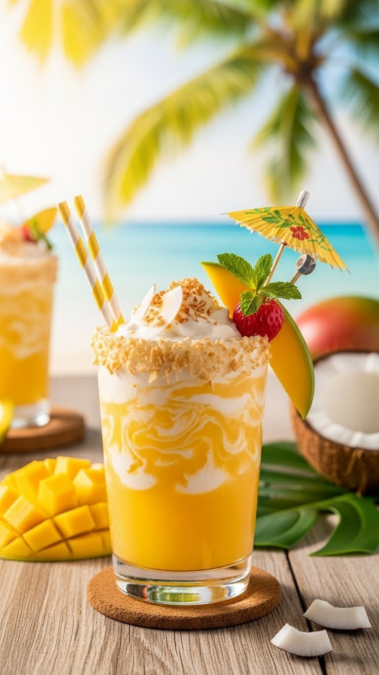 Vibrant Mango Coconut Lemonade With Creamy Swirls Garnished With Mango Slice And Toasted Coconut Flakes Against Tropical Beach Backdrop