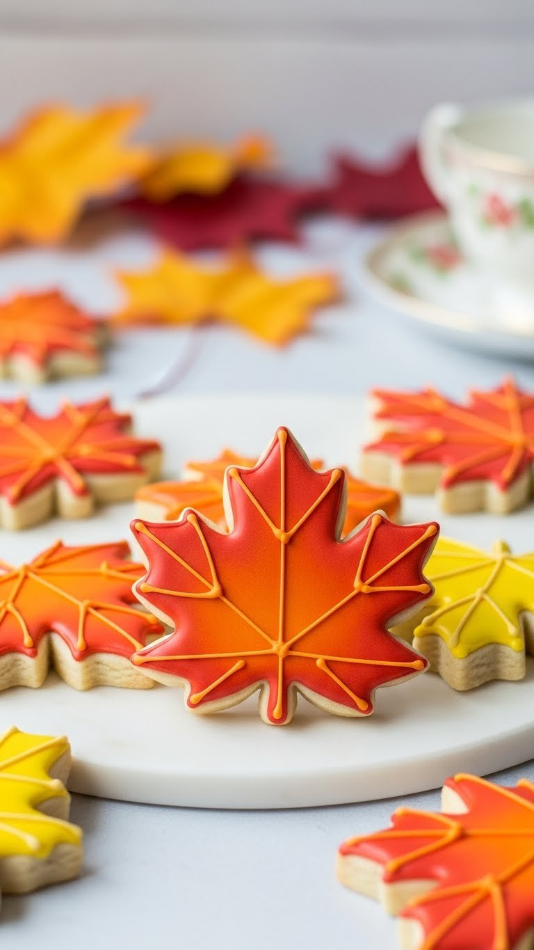 Vibrant Maple Leaf Sugar Cookies Decorated With Royal Icing In Autumn Colors On Marble Slab