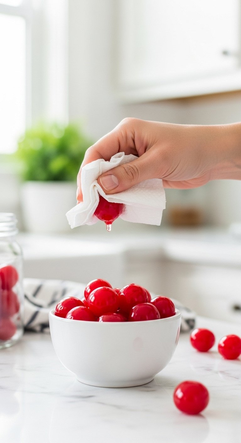 Vibrant Maraschino Cherries In A White Bowl On A Marble Counter With Soft Natural Window Light.