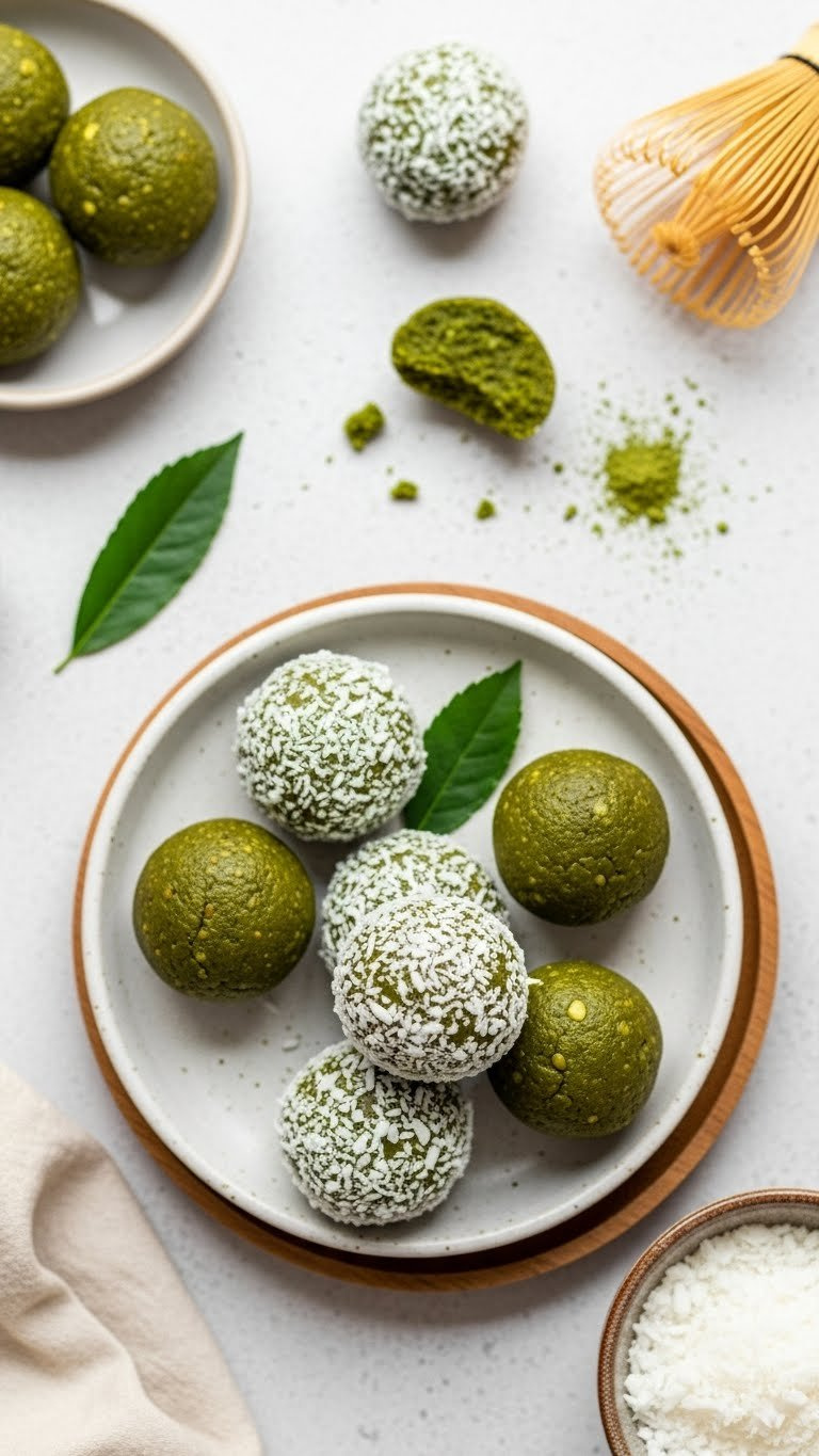 Vibrant Matcha Energy Bites Rolled In Shredded Coconut Arranged On Minimalist Plate With Matcha Powder Dustings