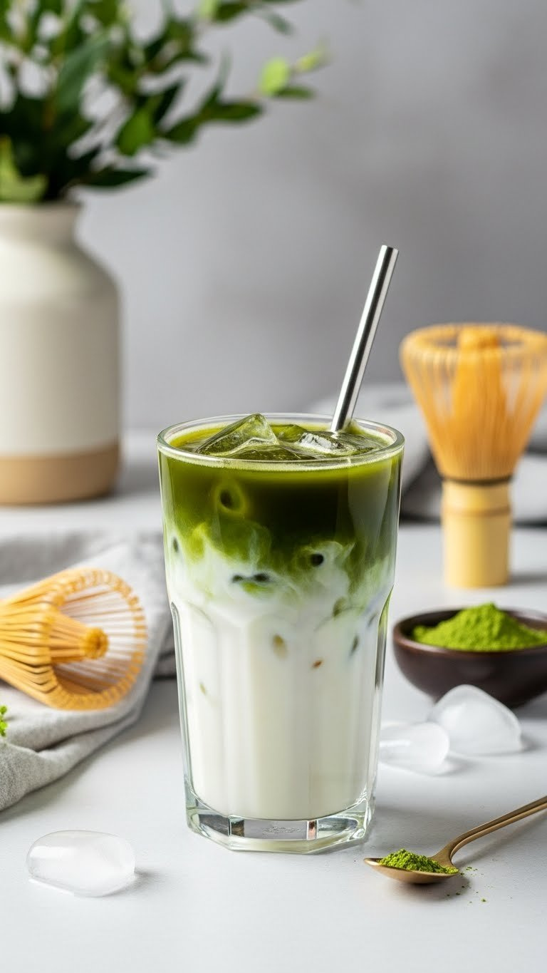 Vibrant Matcha Espresso Fusion In Clear Glass Showing Green Matcha, White Milk, And Brown Espresso Layers On White Table.