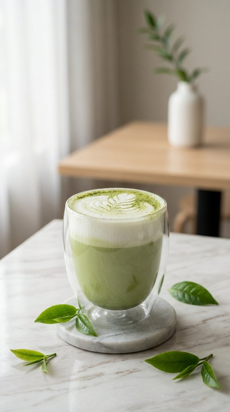 Vibrant Matcha Green Tea Latte With Creamy Vanilla Foam Art On Light Gray Marble Countertop In Natural Window Light