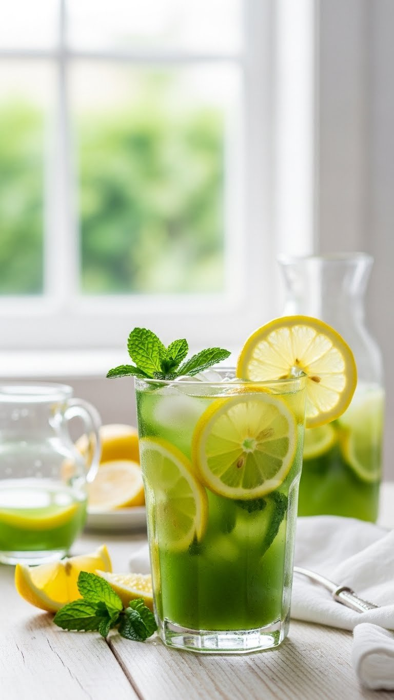 Vibrant Matcha Lemonade In Tall Glass With Ice, Sliced Lemons, And Mint Sprigs On Light Wooden Table