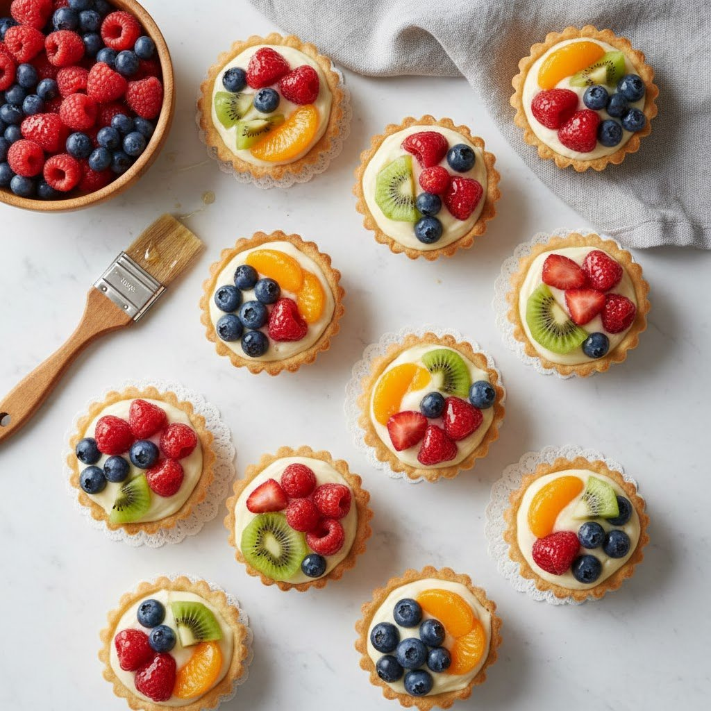 Vibrant Mini Fruit Tarts With Fresh Berries, Kiwi, And Mandarin Oranges On Golden Crust With Glossy Glaze