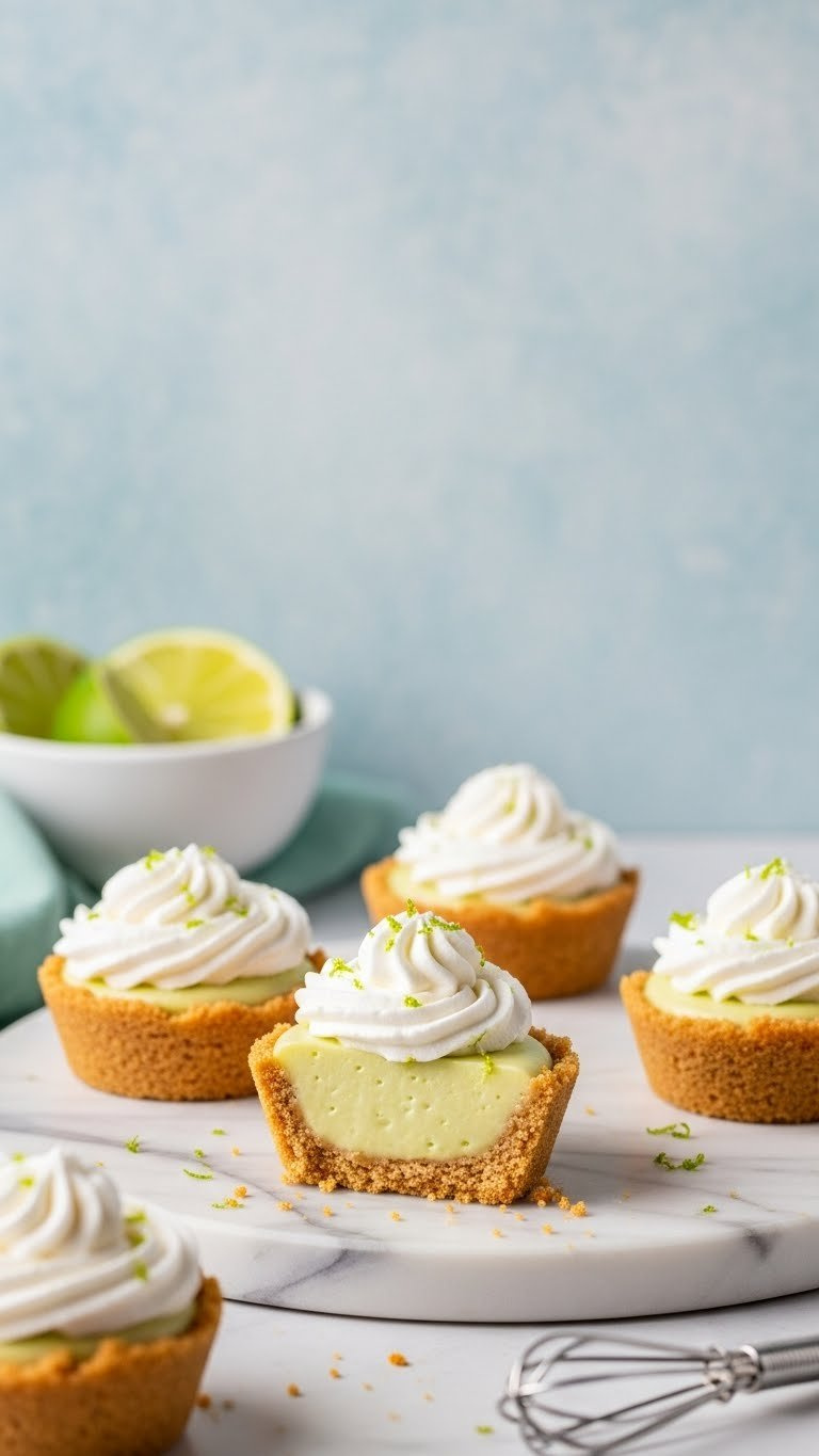 Vibrant Mini Key Lime Pie Bites, Graham Cracker Crust, Green Filling, Whipped Cream, And Lime Zest On Marble. Fresh Dessert.