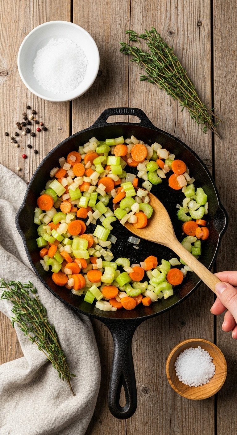 Vibrant Mirepoix Of Carrots, Celery, Onions Sautéing In A Rustic Cast-Iron Skillet With Wooden Spoon.