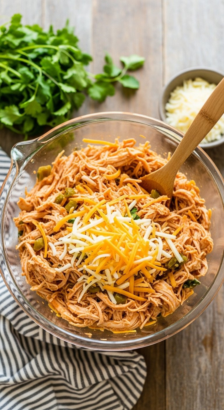 Vibrant Mix Of Shredded Chicken, Cheddar Cheese, And Green Chiles In A Large Wooden Bowl.