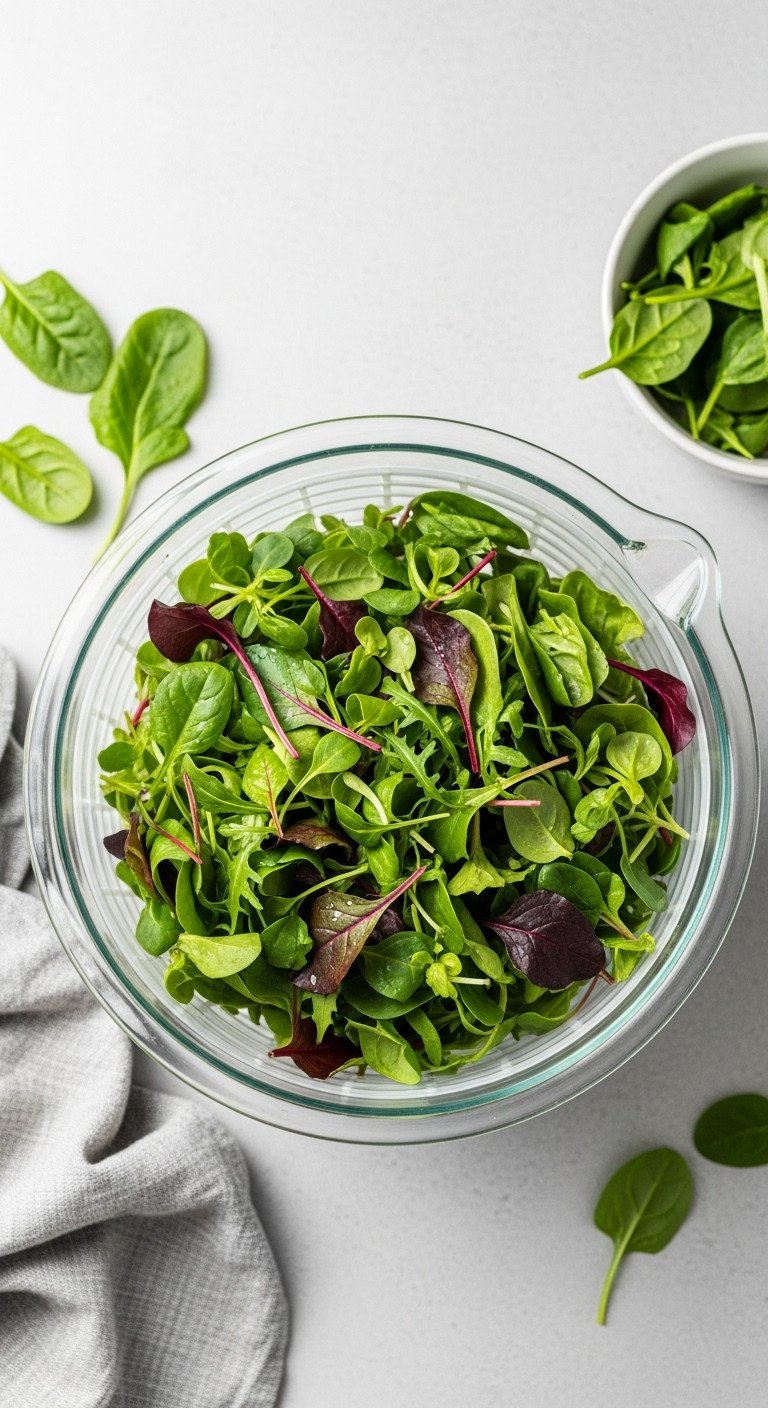 Vibrant Mixed Baby Greens In A Clear Salad Spinner, Freshly Washed On A Light Gray Stone Surface. Perfect For Healthy Salads.
