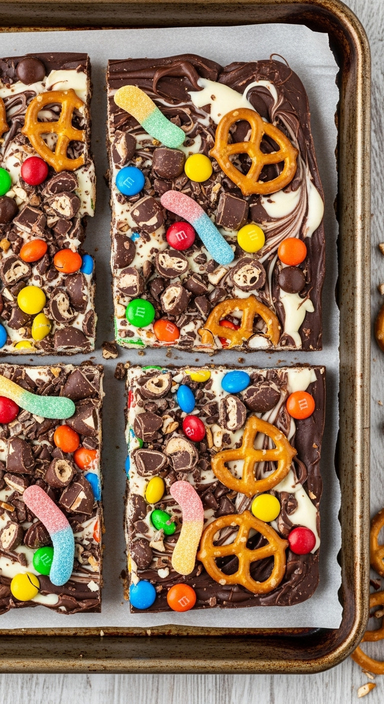 Vibrant Mixed Candy Bark With Glossy Chocolate, Colorful M&Amp;M's, Gummy Worms, Pretzel Pieces On Parchment Paper.
