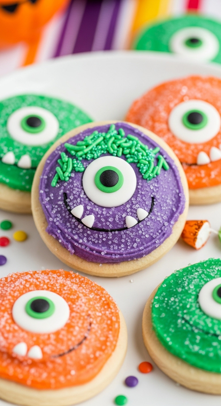 Vibrant Monster Eye Cookies With Colorful Vegan Frosting, Googly Eyes, And Sprinkles. Spooky Fun.