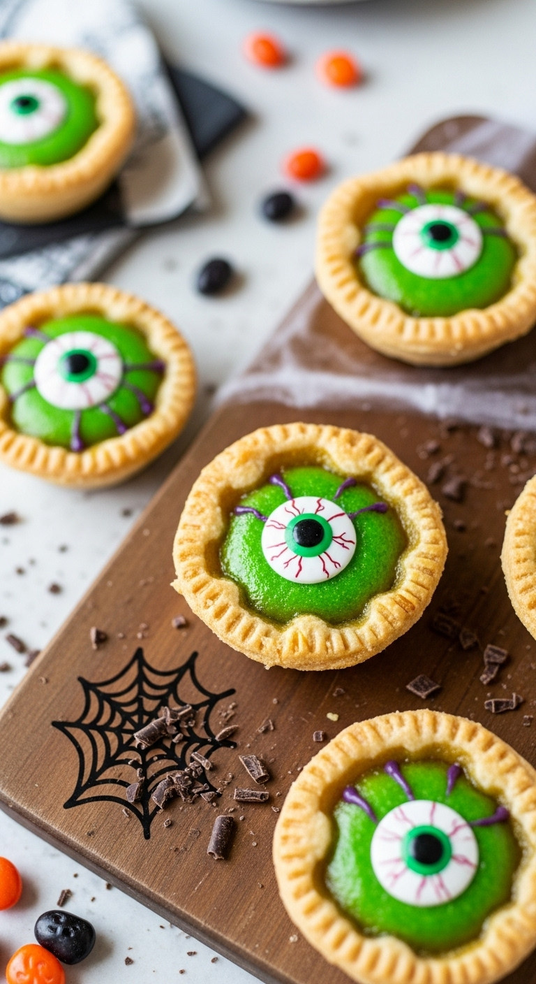 Vibrant Monster Eye Mini Pies With Green/Red Filling, Edible Googly Eyes, Frosting Veins, Rustic Board, Halloween Candies.