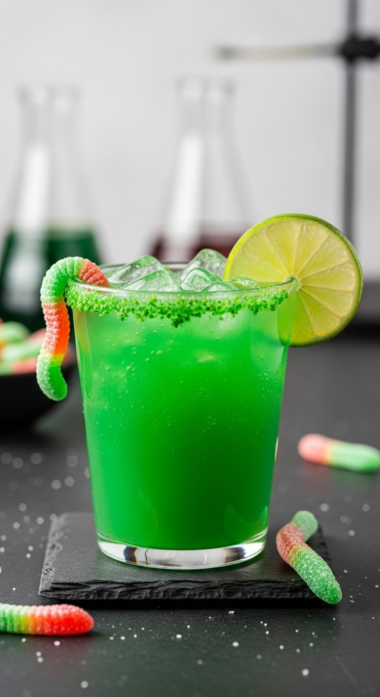 Vibrant Neon Green Frankenstein's Monster Mash Loaded Tea With A Lime Wedge And Gummy Worms On A Slate Coaster