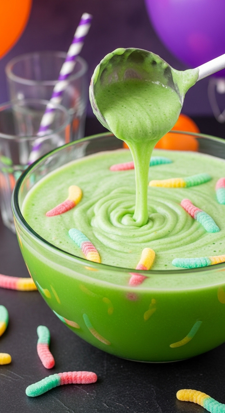 Vibrant Neon Green Gooey Slime Punch With Gummy Worms In Clear Bowl. Halloween Party Drink, Frothy, Gooey Texture, Purple/Orange Decor.