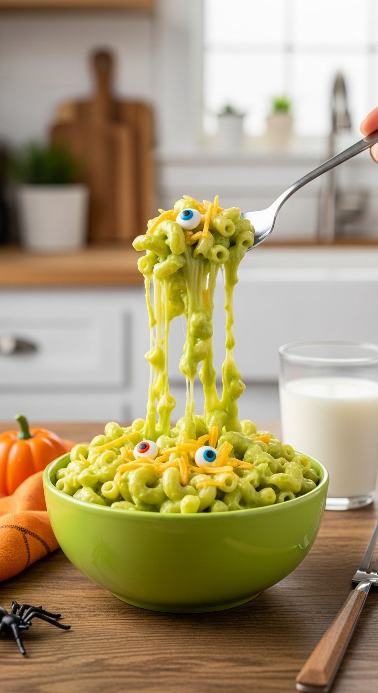 Vibrant Neon-Green Halloween Mac And Cheese With Playful Edible Candy Eyes, Brimming With Creamy Cheese On A Rustic Wooden Table, Perfect Spooky Meal.