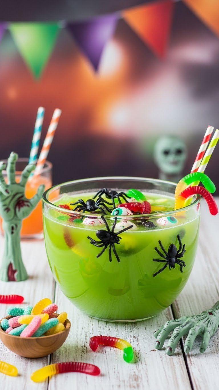 Vibrant Neon-Green Zombie Apocalypse Slime Punch With Gummy Worms And Plastic Spiders In Glass Punch Bowl