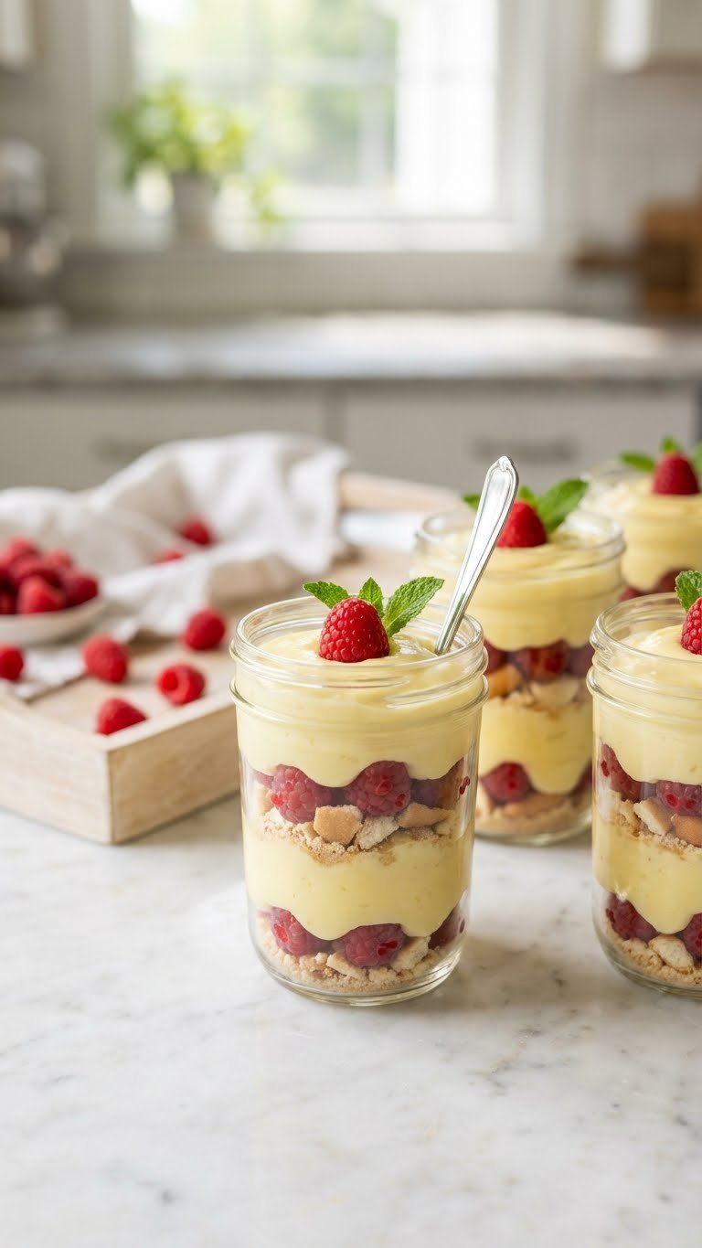 Vibrant No-Bake Lemon Raspberry Trifles In Glass Jars, Layered With Lemon Pudding, Fresh Raspberries, And Vanilla Wafers.