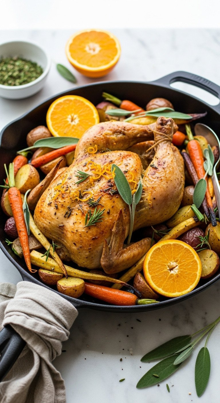 Vibrant One-Pan Chicken Dinner With Roasted Breast, Thighs, Carrots, Potatoes, Parsnips, Orange Slices, And Fresh Sage.