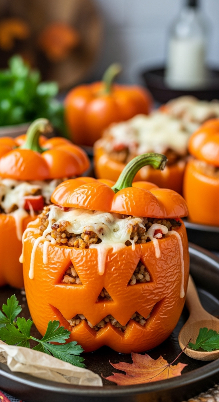 Vibrant Orange Jack-O'-Lantern Stuffed Bell Pepper With Melted Cheese, Savory Filling, On A Rustic Dish With Fall Decor And Parsley; Perfect Halloween Meal.