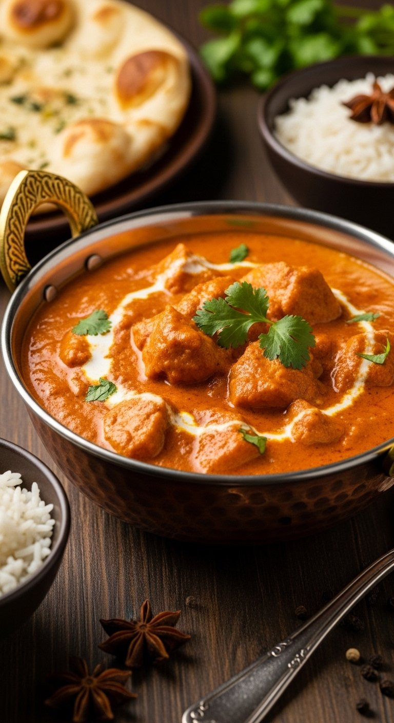 Vibrant Orange Butter Chicken Curry With Tender Chunks Served In A Traditional Copper Karahi Bowl With Cream Swirl.