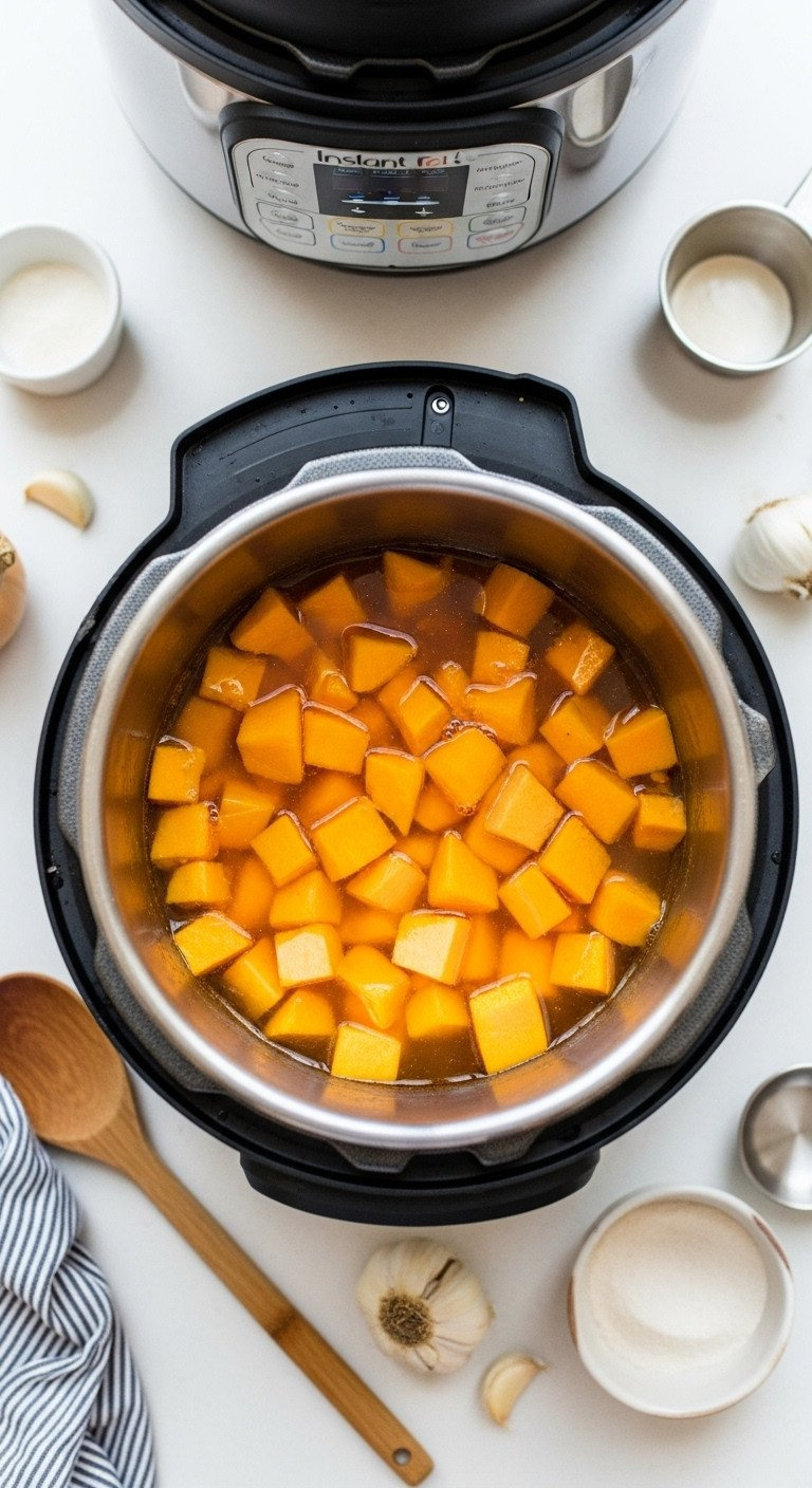 Vibrant Orange Butternut Squash Cubes In Instant Pot With Broth. Modern Pressure Cooker, Wooden Spoon, Garlic. Easy, Quick Healthy Soup Prep.