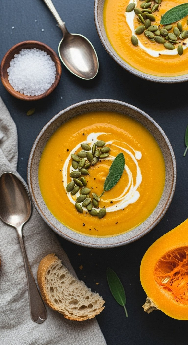 Vibrant Orange Creamy Butternut Squash Soup In A Rustic Bowl, Garnished With Cream, Pumpkin Seeds, And Sage Leaf. Delicious Fall Soup Recipe.