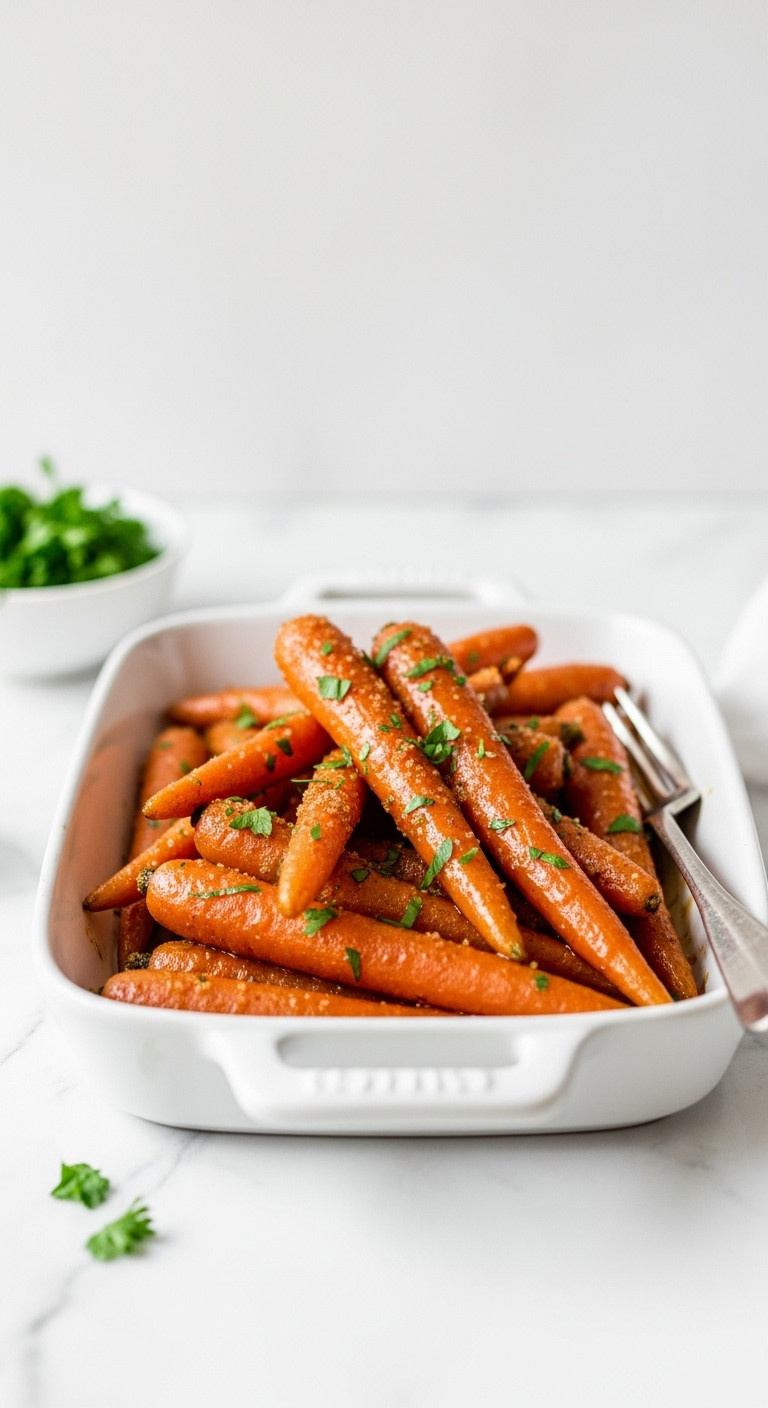 Vibrant Orange Glazed Carrots With Brown Sugar And Fresh Parsley In A White Serving Dish On A White Marble Countertop.