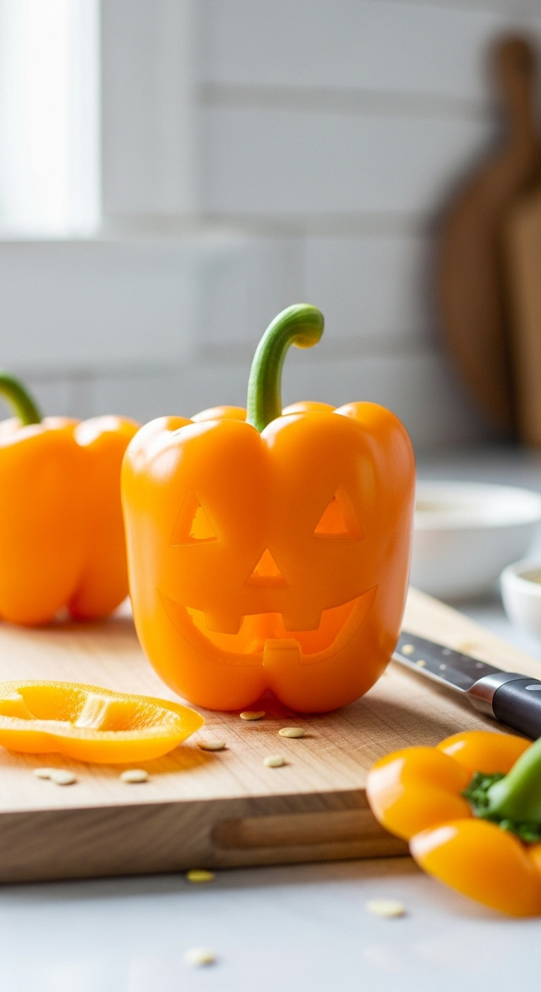 Vibrant Orange Jack-O'-Lantern Bell Pepper Partially Carved With A Knife On A Rustic Wooden Board, Ready For Halloween Cooking.