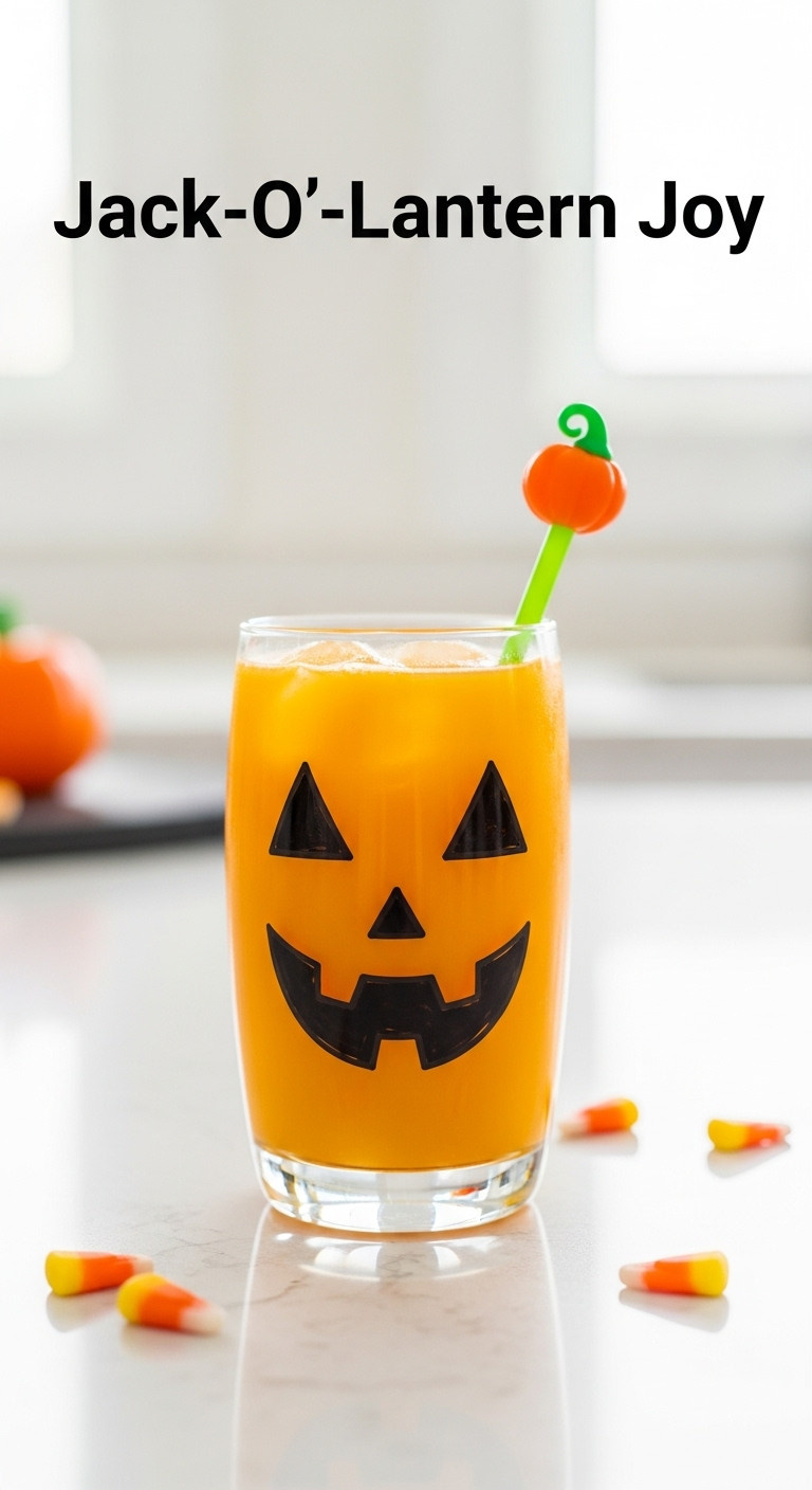 Vibrant Orange Jack O Lantern Joy Loaded Tea With A Drawn Face And Green Straw On A Bright Kitchen Counter With Candy Corns