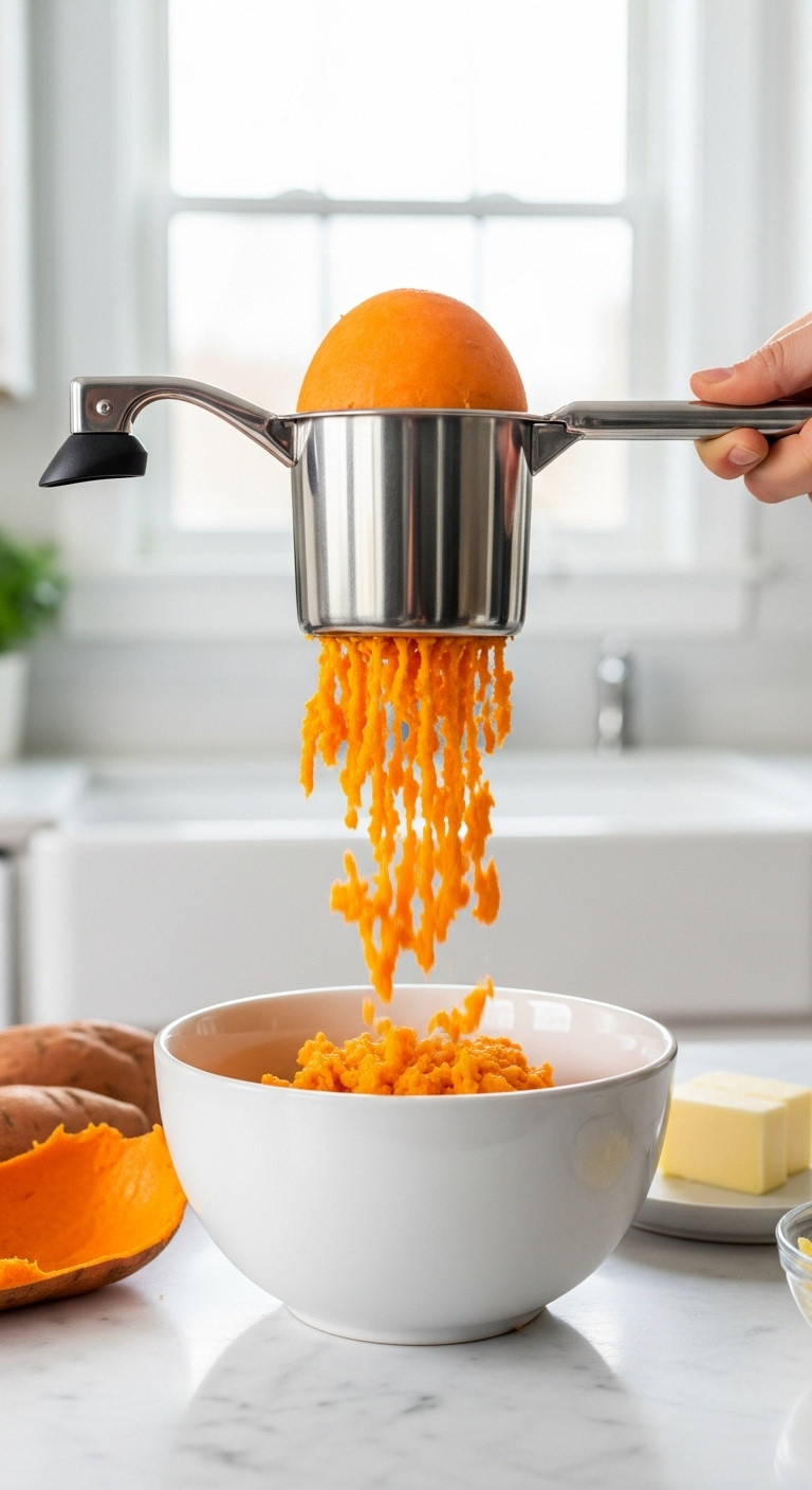 Vibrant Orange Mashed Sweet Potatoes Riced Into A White Bowl, Fluffy And Steaming, Next To Butter On Marble Counter.
