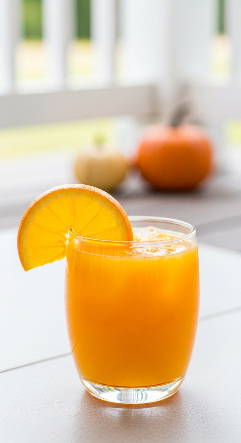 Vibrant Orange Pumpkin Patch Punch Loaded Tea In A Tumbler With An Orange Slice Garnish On A Porch With A Decorative Pumpkin