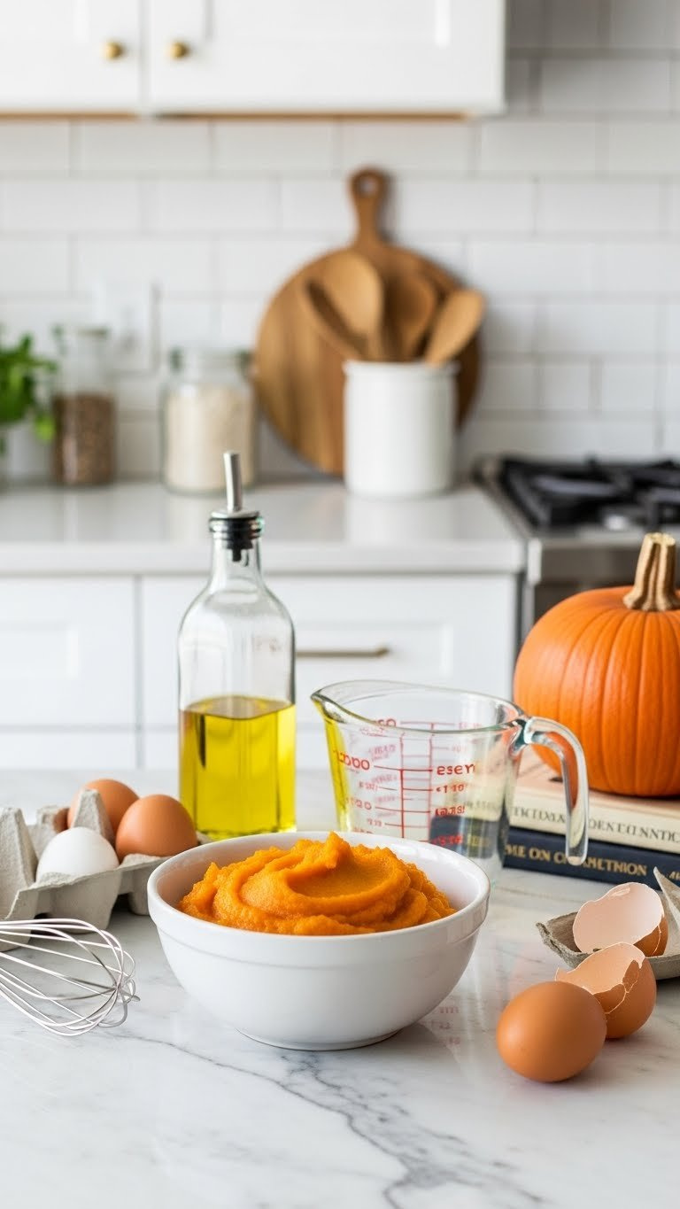 Vibrant Orange Pumpkin Puree In Bowl With Measuring Cup And Cooking Ingredients On Marble Countertop For Baking