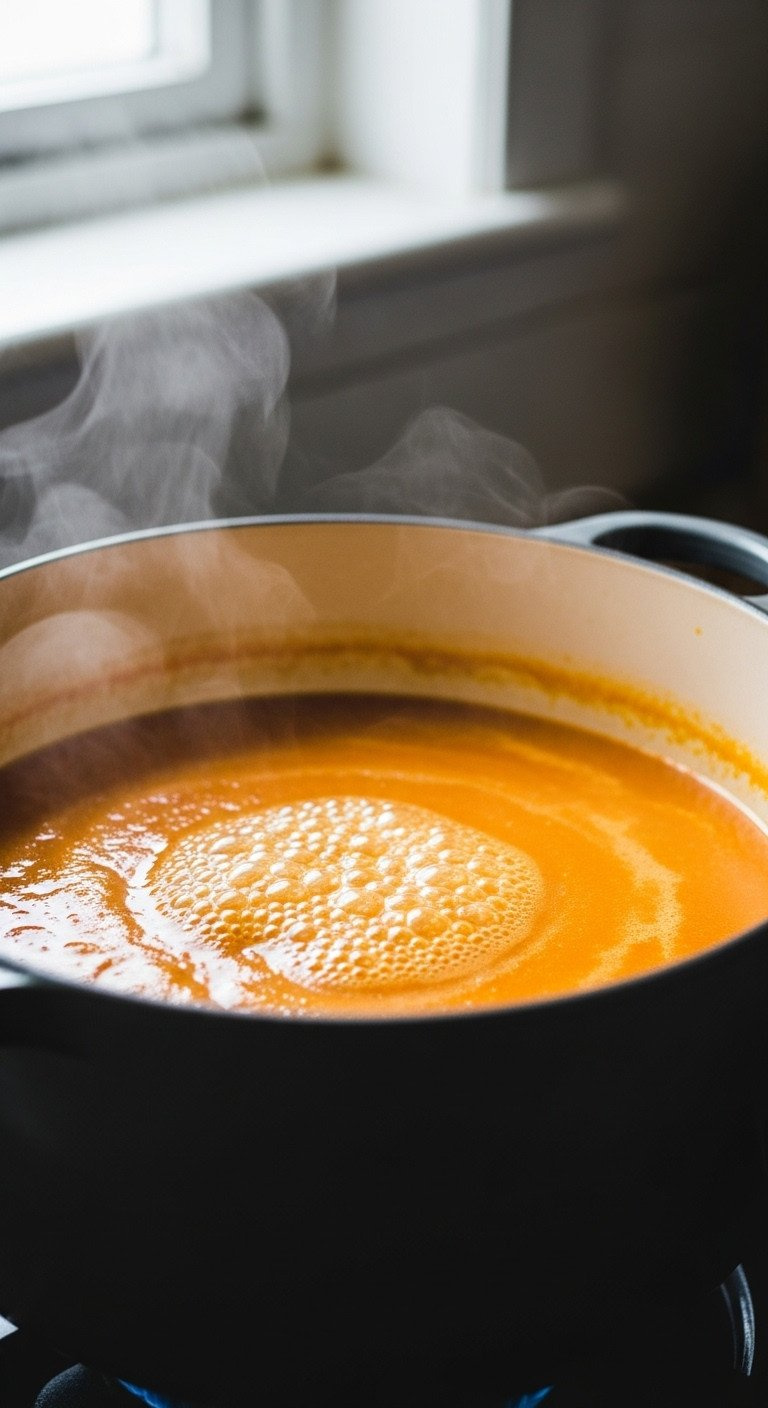 Vibrant Orange Pumpkin Soup Base Gently Simmering In A Blue Dutch Oven On The Stovetop, With Small Bubbles And Steam. Cozy Recipe Step.
