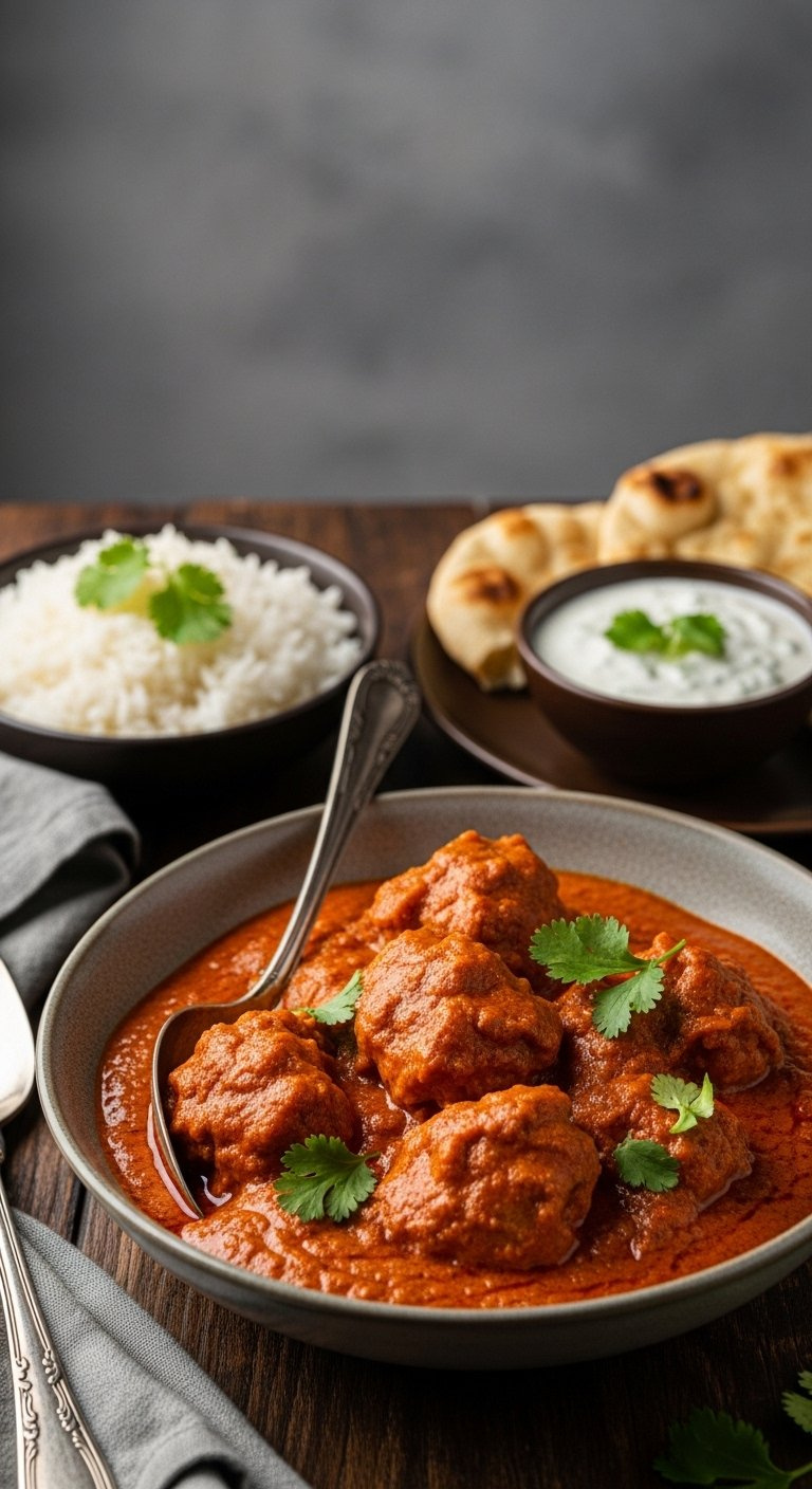 Vibrant Orange-Red Indian Chicken Curry With Tender Chicken Pieces In A Thick Glossy Sauce Garnished With Fresh Cilantro Leaves.