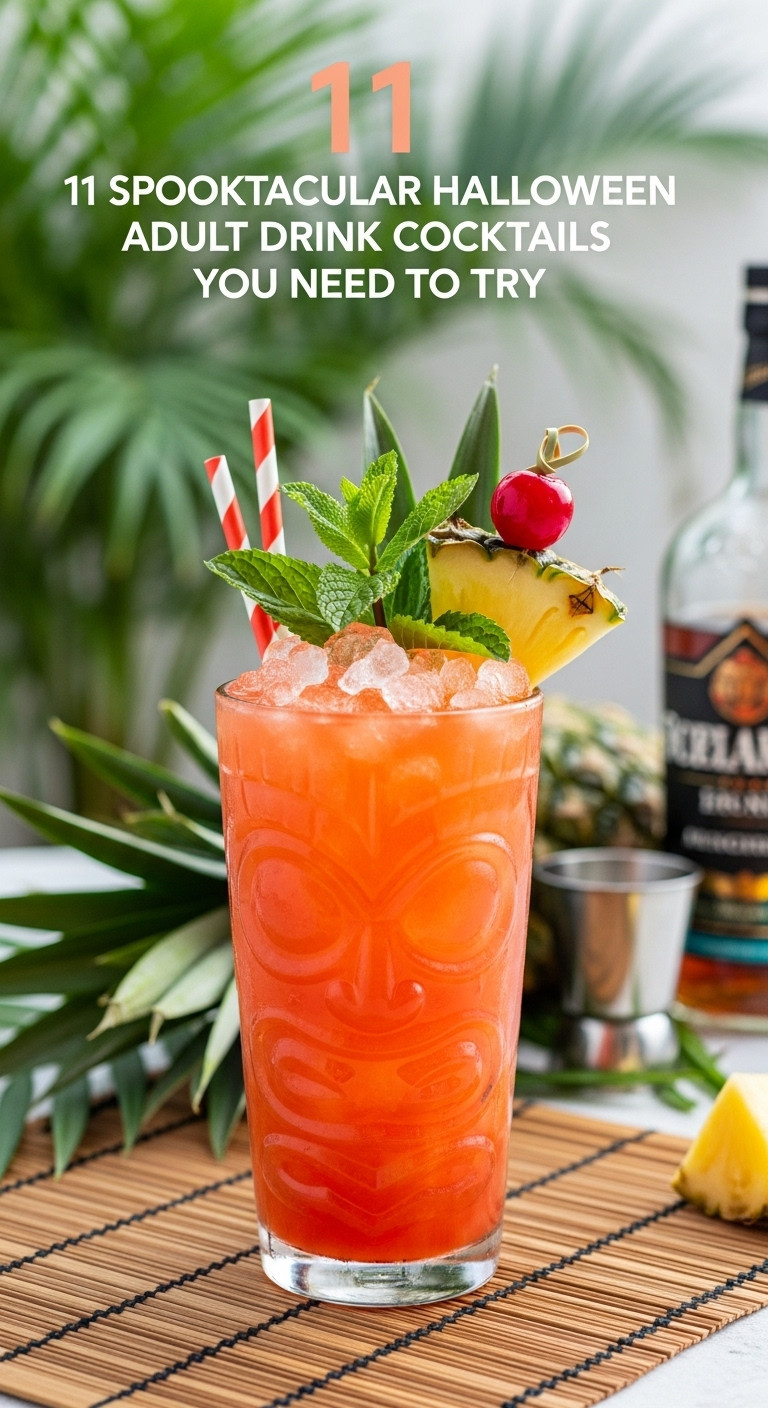 Vibrant Orange-Red Zombie Tiki Cocktail Overflowing With Crushed Ice, Mint, Pineapple, And A Cherry In A Ceramic Glass.