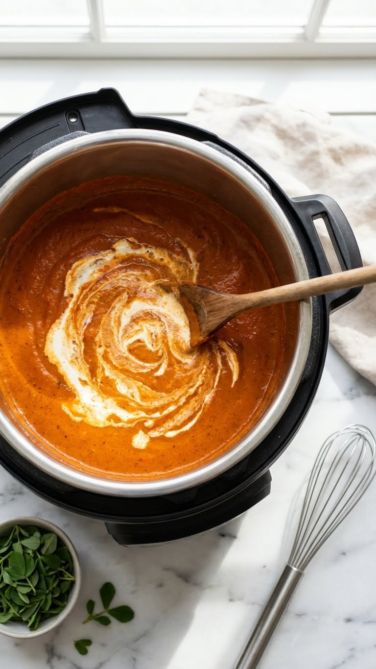 Vibrant Orange-Red Butter Chicken Sauce Simmering In An Instant Pot, Being Stirred With Heavy Cream For A Rich, Velvety Texture.