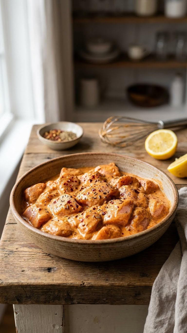 Vibrant Orange-Red Marinated Chicken Pieces In A Bowl, With Visible Spices, Ready For Cooking On A Rustic Kitchen Counter.