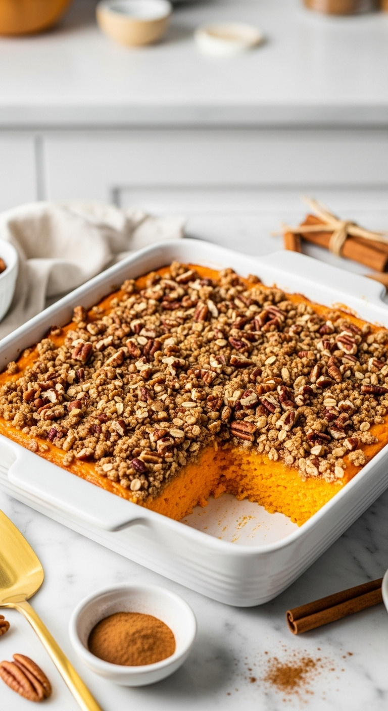 Vibrant Orange Sweet Potato Casserole With Crunchy Pecan Brown Sugar And Oat Topping In A White Baking Dish