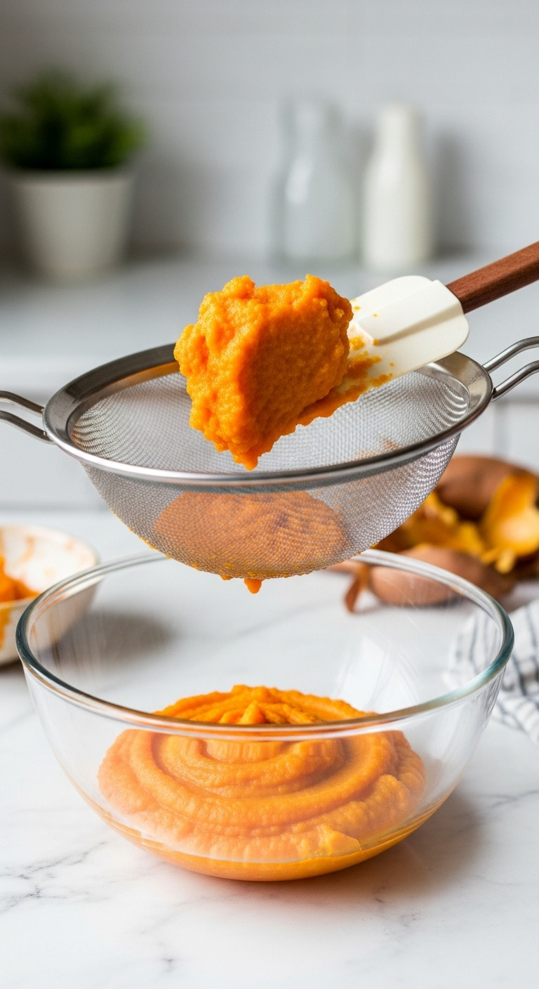 Vibrant Orange Sweet Potato Purée Being Pressed Through A Fine-Mesh Sieve Into A Glass Bowl For Silky Smooth Texture.