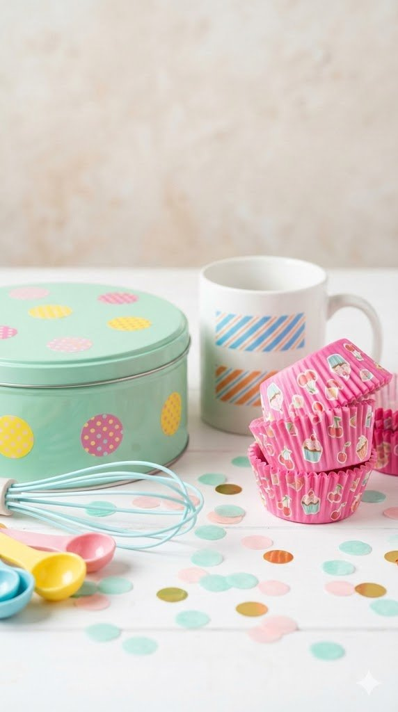 Vibrant Pattern Baking Stickers On Cupcake Wrappers And Cookie Tin With Colorful Measuring Spoons On White Table.