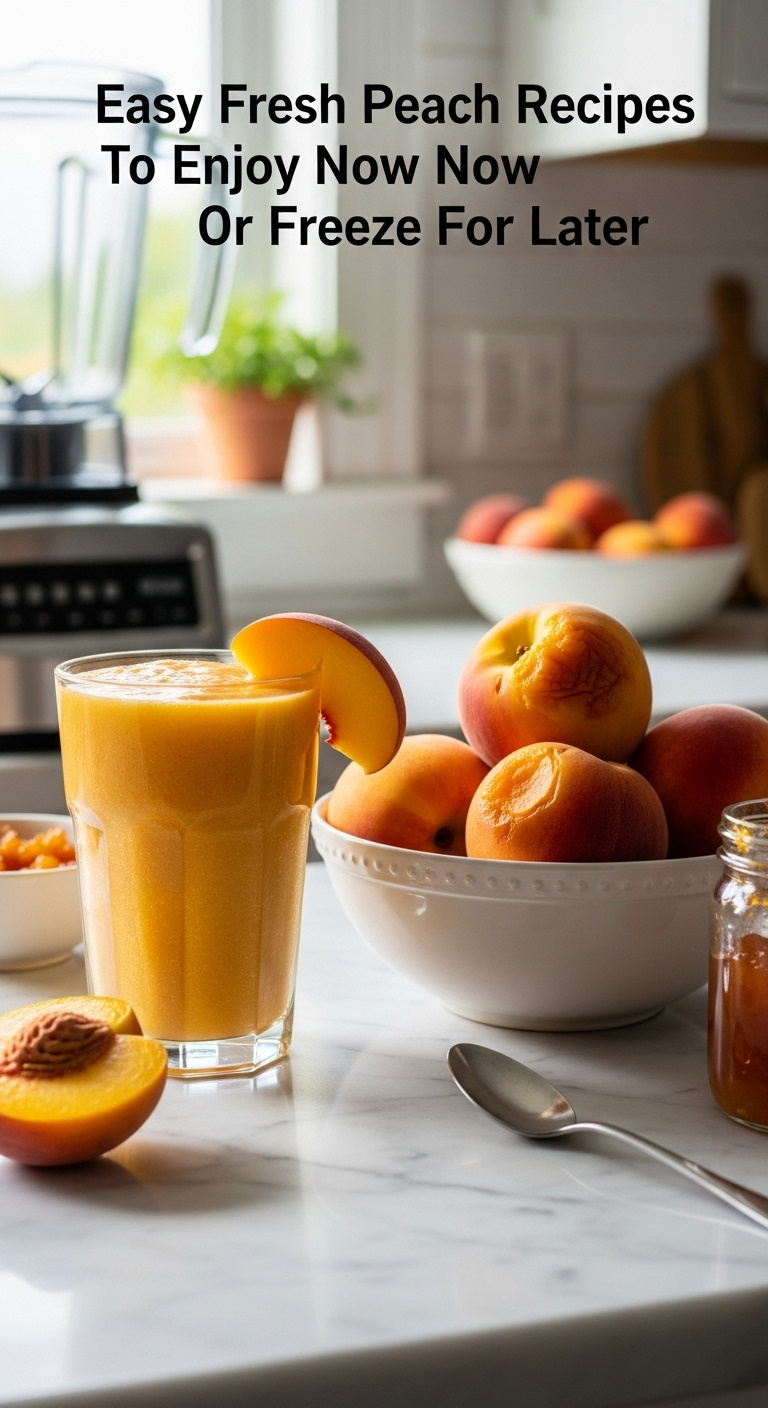 Vibrant Peach Smoothie Next To A Bowl Of Soft Overripe Peaches On A Marble Counter In A Natural Light Kitchen